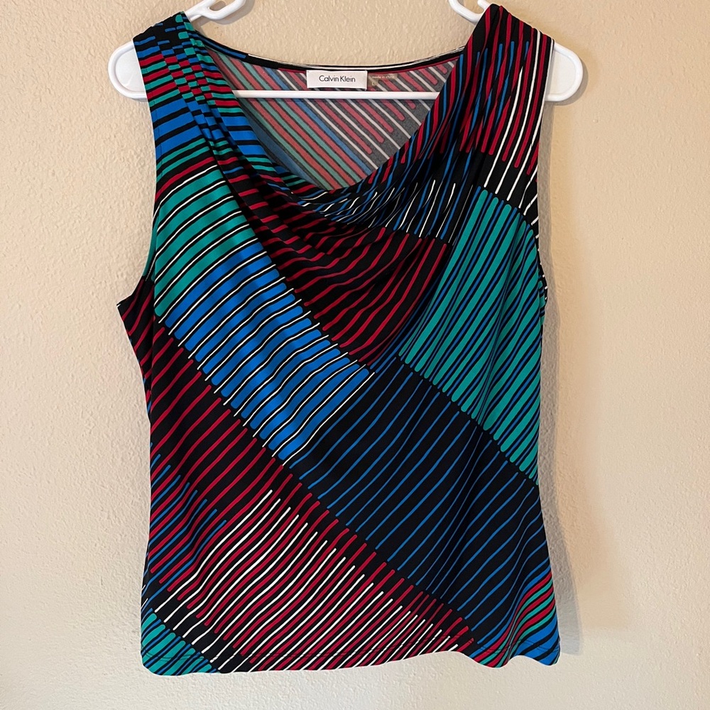 Calvin Klein Women's Striped Sleeveless Cowl Neck Top Size L